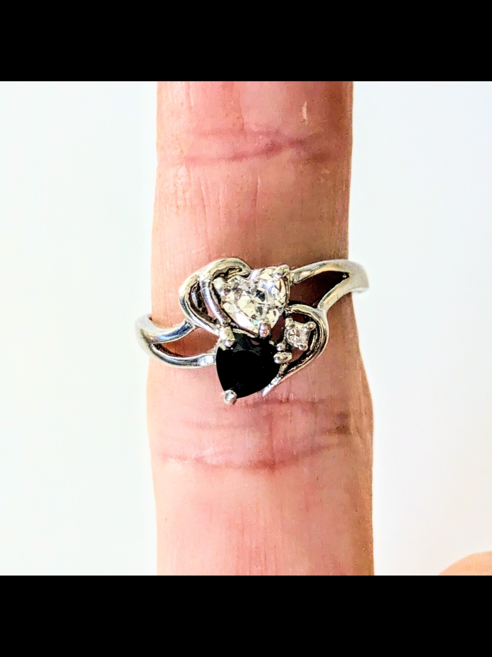 925 Sterling Silver Black & White C.Z. Dual Hearts Ring Cocktail Ring Size 6.75